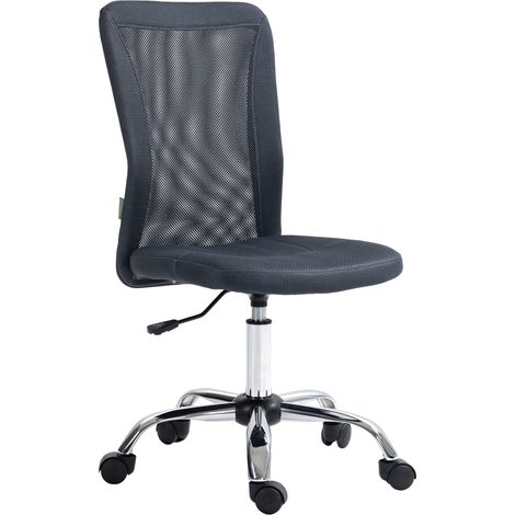 Sedia da ufficio ergonomica, regolabile in altezza, base cromata, girevole a 360°, rivestimento in rete grigio scuro.