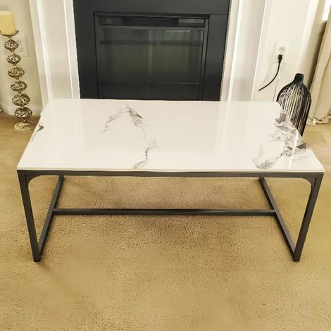 Bianco Tavolino da Salotto Marmo Tavolino da Caffe Soggiorno Struttura in Lega di Alluminio Giardino da Fumo Esterno Stile Nordico 100x60x40cm