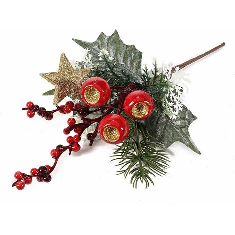Rametti pick con agrifoglio di Natale per packaging con bacche rosse e stella glitter oro, set da 24 pezzi, cm 14 H (con gambo 23,5)