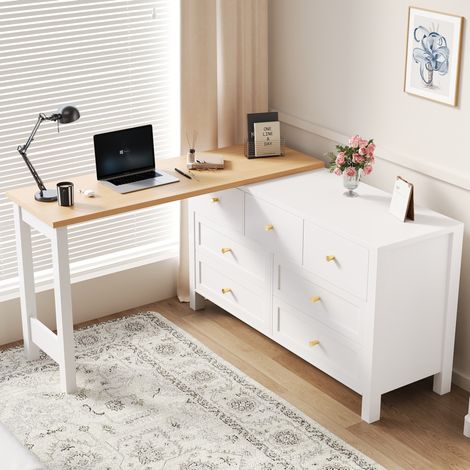 Schreibtisch (120x40x70 cm), 360° drehbare Tischplatte, 7 Schubladen, Spanplatte, Eichenoptik, Weiß (1/5)