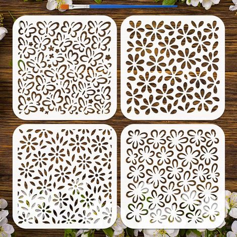 4PCS Pochoir Texture Fond Fleuri Avec 1Pc Pinceau 15x15cm Pochoirs Peinture Texture Florale Modèle Thèmes Plante pour Peinture sur Bois Mur Meuble DIY Décoration Maison (1/5)