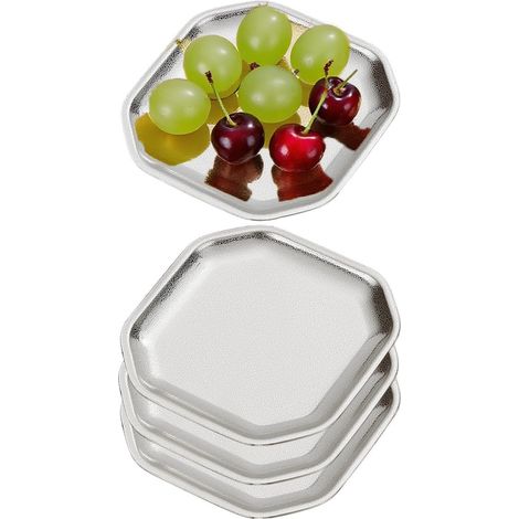 Assiette aplatissante délicate, carrée, en acier inoxydable, 13x13 cm, set de 4, argentée, adaptée aux entrées, desserts, gâteaux, salades, sushis (1/5)