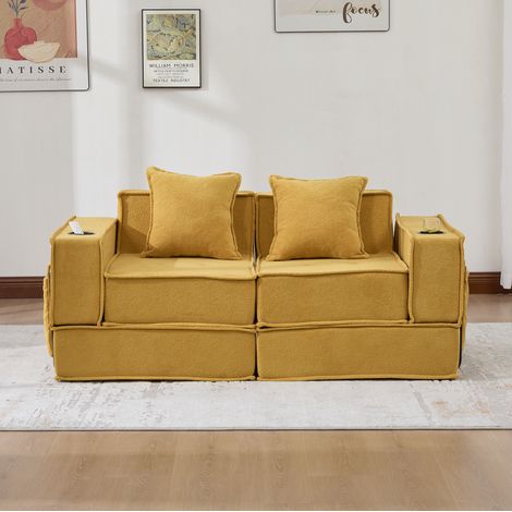 Divano letto 2 posti in ciniglia giallo senape con 2 cuscini, 162 x 78 x 66 cm (1/5)