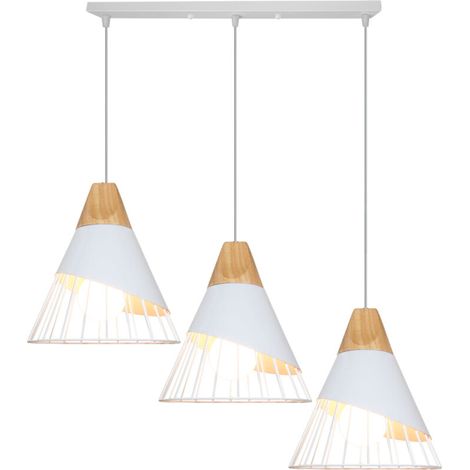 – Suspension luminaire 3 lumières en barre blanche – Lustre en bois et fer – Longueur 50cm – Douille E27 pour ampoules LED (1/5)