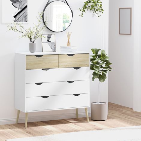 HOMCOM Commode 5 tiroirs Design scandinave Meuble de Rangement Chambre Panneau de Particules 99 x 39 x 101 cm Blanc Aspect chêne Clair