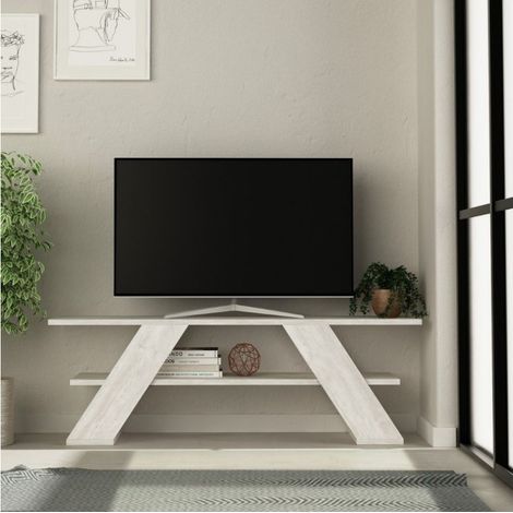 Porta TV da Salotto Mobile Basso in Legno con Ripiani Bianco Vintage Salvaspazio (1/3)