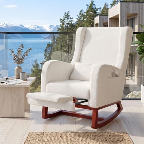 Fauteuil à Bascule Teddy Beige, Chaise Berçante de Salon avec Dossier Réglable, Pieds en Bois Massif et Poches, Style Scandinave (1/5)