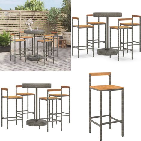 Set Bar Giardino 5pz Grigio Polyrattan e Legno Massello Acacia - Sedie da bar - Tavolo da bar