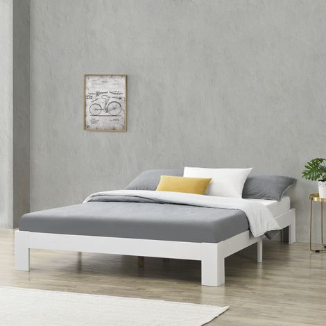 Struttura Letto in Legno di Pino 140 x 200 cm con Rete a Doghe Letto Francese / Matrimoniale in Design Minimal - Bianco (1/5)