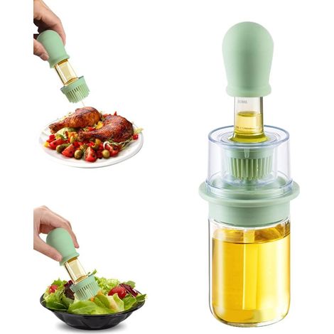 Distributeur d'huile avec brosse 2 en 1 180 ml Distributeur d'huile d'olive et bouteille de vinaigre avec pinceau à pâtisserie en silicone pour cuisine barbecue salade cuisson au four (Vert)1pcs (1/5)