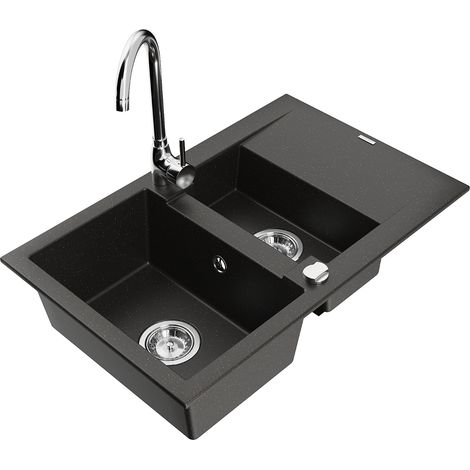 Mexen Gaspar lavello in granito 1,5 vasca con scolapiatti e rubinetto da cucina Telma, nero/oro - 6507-75-670200-00 (1/5)