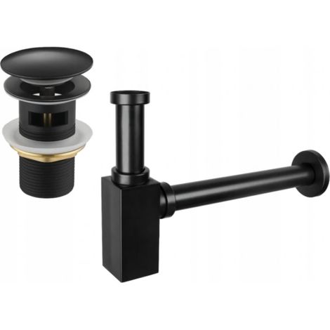 Mexen demi-siphon carré pour lavabo avec bouchon clic-clac, avec trop-plein, Noir - 7992060-70 (1/3)