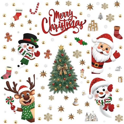 Autocollants de Noël pour Vitres Autocollants Adhésifs Renne Bonhomme de Lot de 6 Feuilles Adhésives pour Vitres Intérieures Maison École Fête (1/5)