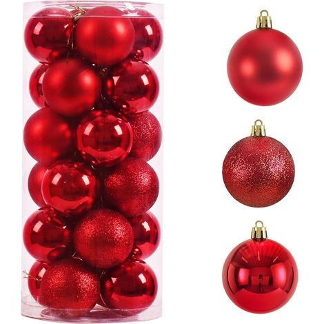 Set mit 24 unzerbrechlichen Mini-Weihnachtskugeln zum Aufhängen an Weihnachtsbäumen, für Partys, Hochzeiten und Karneval (rot, 6 cm)