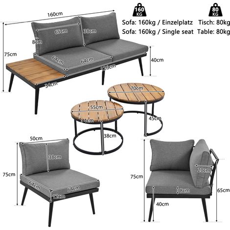 ELVMI Gartenlounge Set mit 2 Zweisitzer Sofas, 2 Sesseln und 2 Tischen, Kissen, Verzinktes Eisen, Antikgrau (1/4)