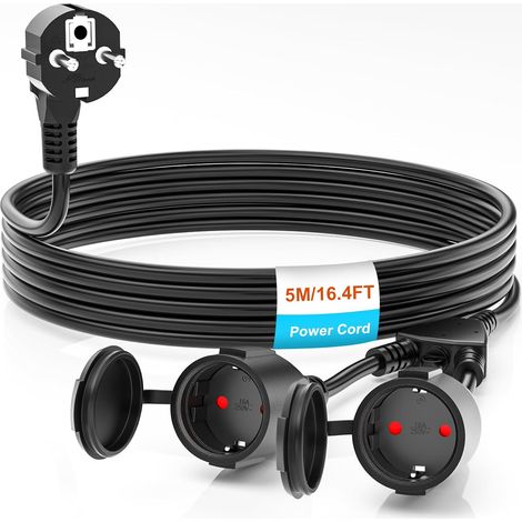 Rallonge Schuko,Câble d'extension 5M pour l'extérieur avec Contact de Protection,1 à 2 Contacts de Protection Extensibles,IP44 Rallonge avec 2 Prises de Courant,16A/250V (5M) (1/5)