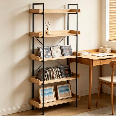 MEUBLIV Bibliotheque etagere 5 niveaux MDF et metal noir decor chene clair 91x25,5x173 cm (1/4)