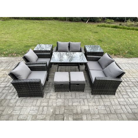 Fimous Garden Furniture Sets 9 Pieces Wicker Rattan Furniture Manual Wicker Patio Sofa Patio Conversation Set with 2 Small Footstools 2 Side Tables Dark Grey Mixed (1/5)