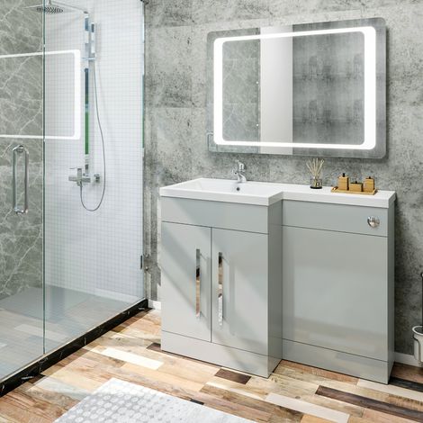 ELEGANT 1100mm L Shape Bathroom Vanity Sink Unit Furniture Storage, Matte Grey Vanity Unit with Concealed Cistern + Basin Left Hand