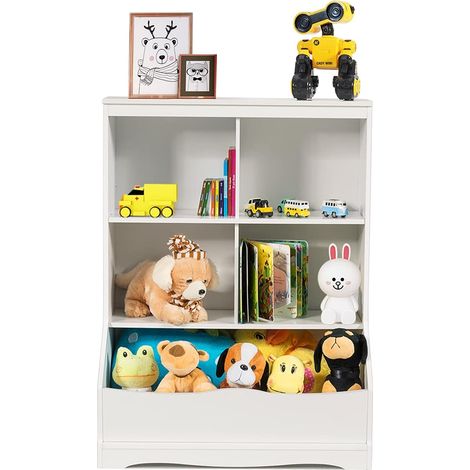 COSTWAY Estante para Juguetes con 3 Niveles, Organizador Juguetes Librería Multifuncional para Niños con Estribo (Blanco)