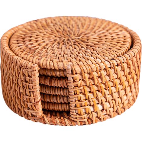 Porte-tasses en rotin fait main avec boîte de rangement pour tasses à thé, à bord arrondi. (1/5)