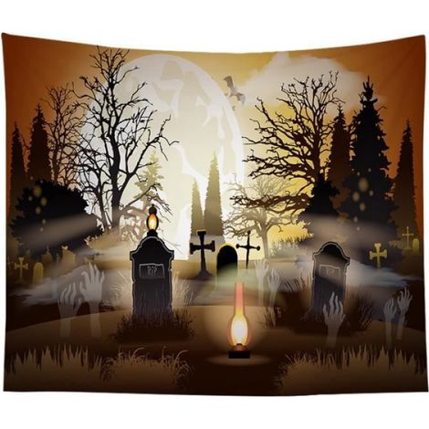 Tapisserie de cimetière d'horreur d'Halloween, tapisserie d'horreur de vieil arbre de citrouille de chat noir(200cmx150cm Z2) (1/4)