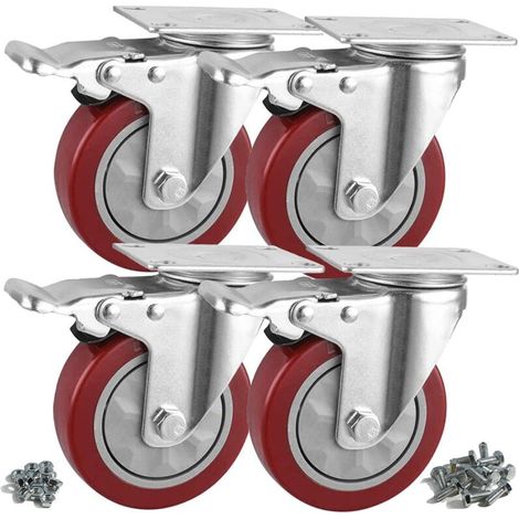 Roulette pivotante avec frein 100mm, 4 roulettes supportent jusqu'à 650KG (dont 16 vis) (1/5)
