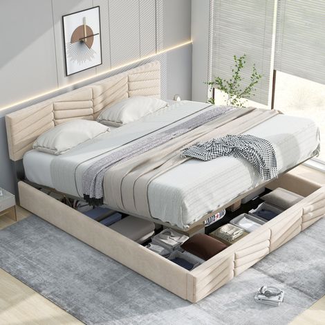 Letto imbottito moderno in velluto beige 140x190 cm con testiera regolabile e rete a doghe