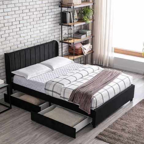 Upholstered bed 140 x 200 cm in flannel with slatted base and headboard, 2 drawers, Black (1/5)