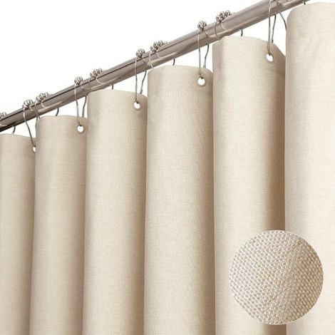 Rideau de douche en lin avec anneaux métalliques, imperméable et résistant à la moisissure, adapté aux salles de bains, 150 x 180 cm (beige). (1/5)