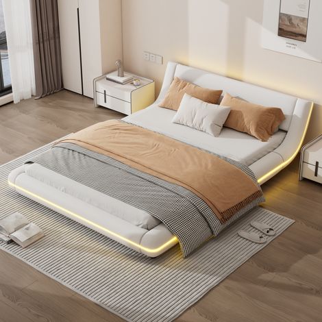 Cama grande, cama doble, luz ambiental LED, mando a distancia de 24 teclas, PU, ​​blanco - 140x200cm, sin colchón