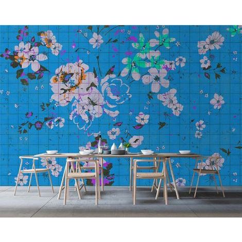Papier peint panoramique floral bleu Tapisserie panoramique à motif roses pour salle de bain Papier peint panoramique fleuri tendance (1/3)