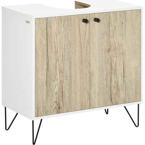 Meuble sous lavabo salle de bain 60 cm, 2 portes, pieds acier, blanc bois naturel, rangement vasque (1/5)