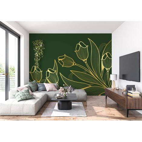 Papier Peint Floral - Tulipes Dorées sur Fond Vert - 150 x 250 cm (1/2)