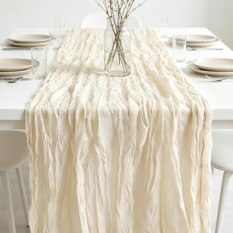 Chemin de Table en Gaze de Coton, 90 x 300 cm, Tissu Froissé Rustique et Romantique, Décoration de Table Réutilisable pour Mariage, Douche Nuptiale, Anniversaire et Fête (1/5)