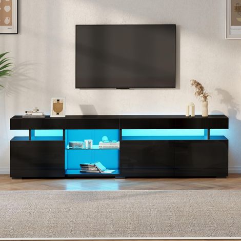 Meuble TV 180x35x45 cm, Banc TV avec LED connectée par App, buffet bas brillant en bois et verre trempé  avec 3 portes pour TV jusqu'à 80", Noir (1/5)