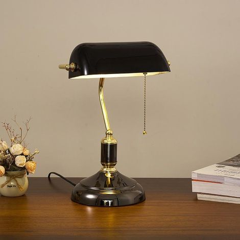 Lampe de bureau banquier en verre, style classique européen, base en bronze, lampe de table vintage en verre avec interrupteur à chaînette (Noir + Bla (1/5)