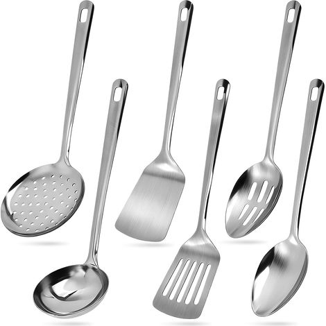 6 Pièces Ensemble Ustensiles Cuisine avec Manche Suspendu, Écumoire Acier Inoxydable, Spatules Fente Métal, Accessoires Home, Gadgets Antiadhésif, Cuillères Service Résistant, Louche Soupe Cuisson (1/5)