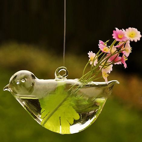 Jarrón hidropónico de cristal transparente para jardín y hogar con forma de pájaro y asa redonda para colgar – 1 unidad – Modelos S/L (1/4)