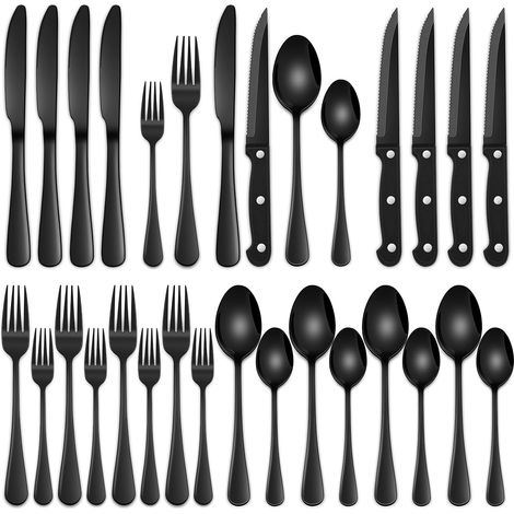 Set di posate da 25 pezzi in nero e argento, incluso coltello da bistecca set di posate nere per 4 persone set di posate in acciaio inossidabile per uso alimentare set di posate lucidate a specchio ad
