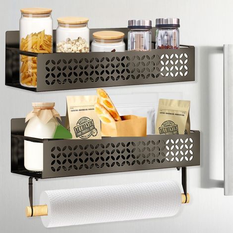 Etagere Magnetique Frigo, Porte-Épices Multifonctionnel Convient pour Réfrigérateur, Pas Besoin de Percer des Trous, Forte Force D'adsorption, avec Porte-serviettes en sopalin (Noir) (1/5)