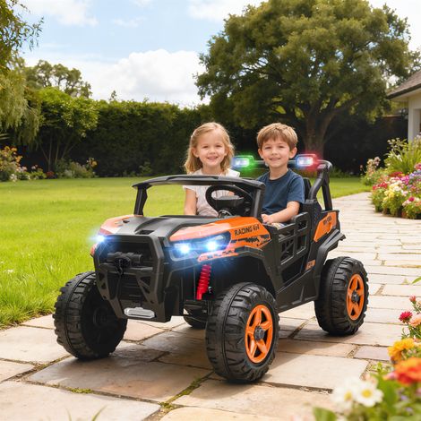 Orange - Voiture électrique 2 places 24V tout-terrain, 3-8 km/h, 2 moteurs, suspension, télécommande, musique/LED, 60 kg (1/5)