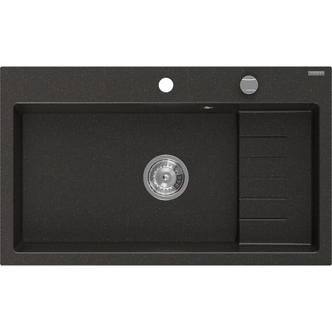 Mexen Omar fregadero de granito 1 cubeta 800 x 480 mm, negro/oro metálico, sifón cromo - 6520801005-75 (1/5)