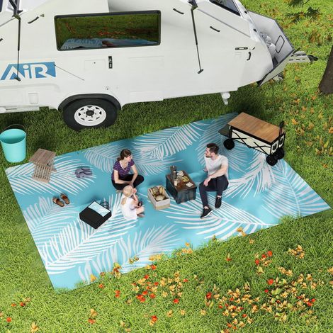 Tapis d'extérieur réversible bleu sac de transport tapis de sol en pp résistant aux intempéries 274x182 cm design moderne