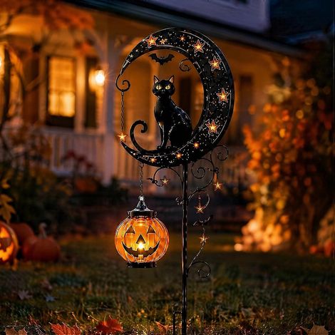 Lampe solaire LED Halloween chat noir croissant de lune citrouille suspendue étanche cadeau d'automne (1/5)