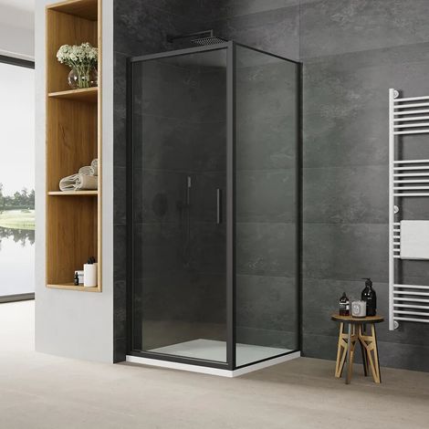 Box doccia slim 75x70cm con porta a battente e parete fissa profili nero opaco e vetro 6mm anticalcare trasparente h190 Portofino (1/5)