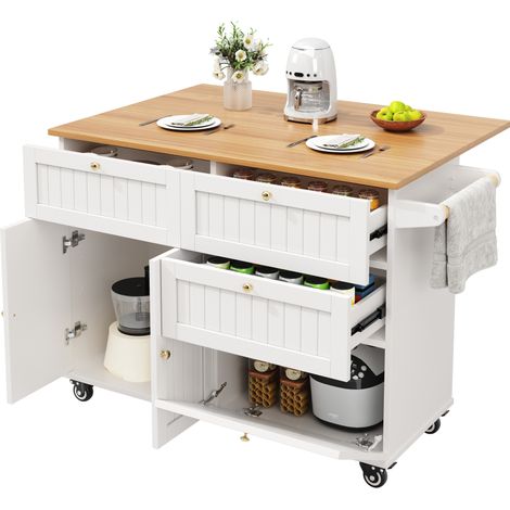 CHICFURN Isla de cocina de 133 cm en MDF blanco con encimera extensible y ruedas (1/5)