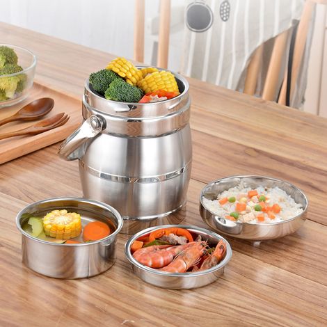 Boîte à lunch cylindrique en acier inoxydable de qualité alimentaire, 2 L, 3 compartiments, avec poignée (1/5)