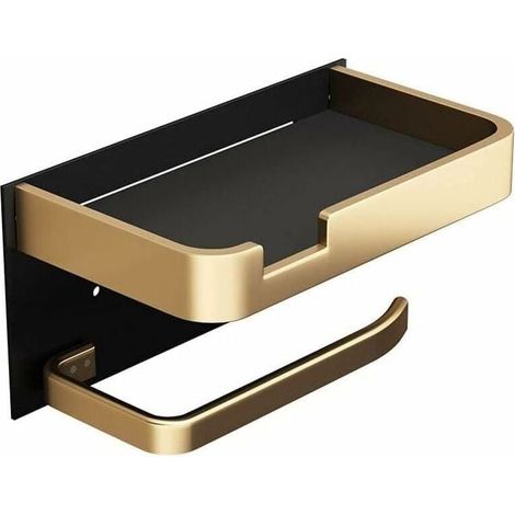 Wall-mounted toilet paper holder with phone holder, modern viscose toilet roll holder, black and gold bathroom toilet paper holder (1/5)