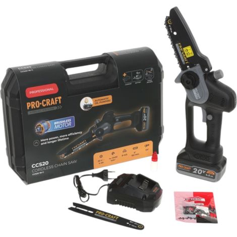 Procraft CCS20 Akku Mini Astsäge Kettensäge 20 V 152 mm Brushless + 1x Akku 4,0 Ah + Ladegerät + Koffer